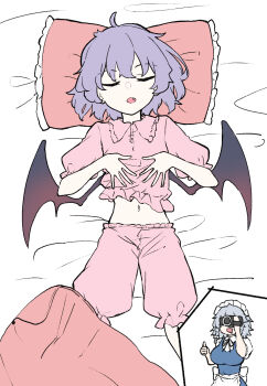 2girls alternate_costume apron bat_wings braid breasts camcorder camera closed_eyes collared_shirt commentary_request deetamu fang frilled_shirt_collar frills grey_hair head_on_pillow highres holding holding_camera izayoi_sakuya large_breasts lying maid maid_headdress medium_hair midriff_peek multiple_girls navel neck_ribbon no_headwear on_back open_mouth pajamas pants pillow pink_pajamas pink_pants pink_shirt puffy_short_sleeves puffy_sleeves purple_hair remilia_scarlet ribbon shirt short_sleeves sleeping sleepwear thumbs_up touhou twin_braids video_camera waist_apron white_apron wings