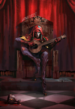 artist_name bell chair commentary cup darkest_dungeon gloves graveforest hat highres holding holding_lute hood hood_up instrument jester_(darkest_dungeon) jester_cap long_sleeves male_focus mask patchwork_clothes red_gloves the_iron_crown_(darkest_dungeon) white_mask