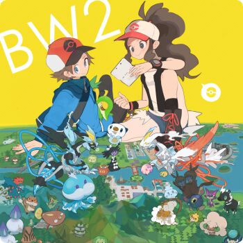 10s 1boy 1girl alternate_form arm_support axew bad_id bad_pixiv_id bag baseball_cap beheeyem black_kyurem black_kyurem_(overdrive) blitzle blue_eyes boots brown_hair copyright_name darumaka druddigon ferroseed foongus gen_5_pokemon giant giantess gothitelle handheld_game_console hat hilbert_(pokemon) hilda_(pokemon) huge_giant huge_giantess jellicent joltik kyurem lace-up_boots landorus landorus_(incarnate) landscape legendary_pokemon litwick long_hair map messenger_bag multiple_giants munna nintendo nintendo_3ds nintendo_ds oshawott ototoi palpitoad patrat playing_games poke_ball_symbol pokemon pokemon_(creature) pokemon_bw pokemon_bw2 ponytail purrloin roggenrola sewaddle short_hair short_shorts shorts shoulder_bag sleeveless snivy solosis starter_pokemon_trio stunfisk tepig trubbish tynamo vanillite vest whimsicott white_kyurem white_kyurem_(overdrive) wristband zweilous