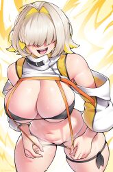 Rule 34 | 1girl, bare shoulders, bikini, black bikini, blonde hair, breasts, covered eyes, cowboy shot, cropped jacket, curvy, detached sleeves, dracksart, elegg (nikke), goddess of victory: nikke, hair intakes, hair over eyes, large breasts, leaning forward, multicolored hair, navel, open mouth, short hair, smile, solo, standing, steaming body, suspenders, sweat, swimsuit, teeth, thighlet, two-tone hair, upper teeth only, white background, yellow background