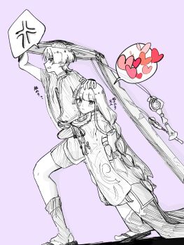 1boy 1girl anger_vein arm_up blunt_bangs blunt_ends blush bodysuit bow braid dragging eyelashes flower furisode genshin_impact greyscale_with_colored_background hair_flower hair_ornament hand_on_another&#039;s_head hand_on_another&#039;s_stomach hat hatching_(texture) heart hetero highres hug hug_from_behind japanese_clothes jewelry jingasa kimono long_hair looking_at_another looking_at_viewer low-braided_long_hair low-tied_long_hair mother_and_son neck_ring obi open_mouth pon_oi4 purple_background raiden_shogun sandals sash scaramouche_(genshin_impact) short_kimono short_sleeves shorts sideways_mouth single_sode spoken_anger_vein spoken_heart stirrup_legwear swept_bangs tassel tassel_hair_ornament thighhighs toeless_legwear turtleneck turtleneck_bodysuit veil wispy_bangs