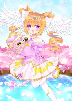 1girl 2025 animal_ears blonde_hair blue_sky blush cat_ears cherry_blossoms clavicles dress ear_wings holding holding_microphone indie_virtual_youtuber jewelry microphone necklace open_mouth pink_dress pointing purple_eyes shoes sky socks solo star_(symbol) star_necklace sylatria white_socks yawa0w0 yellow_shoes