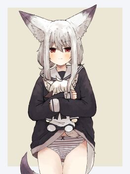 1girl animal_ear_fluff animal_ears character_doll commentary doll fox_ears fox_girl fox_tail highres kuon_(meguru_1225) long_sleeves mayu_(meguru_1225) meguru_1225 no_pants original panties red_eyes sailor_collar sleeves_past_wrists solo striped_clothes striped_panties tail underwear variant_set