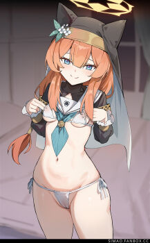 Rule 34 | 1girl, animal ears, artist name, bed, between breasts, bikini, blue archive, blue eyes, blue neckerchief, blush, breasts, cameltoe, cowboy shot, frilled sleeves, frills, habit, hair between eyes, halo, hand under clothes, highres, indoors, long hair, long sleeves, looking at viewer, low-tied long hair, low ponytail, mari (blue archive), micro bikini, navel, neckerchief, orange hair, ponytail, ribbon, shrug (clothing), side-tie bikini bottom, sidelocks, simao (x x36131422), skindentation, small breasts, solo, stomach, swimsuit, white bikini, white ribbon, wide hips, window