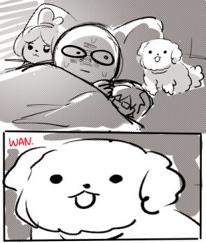 2koma artist_self-insert bed cameo comic commentary dakimakura_(object) dog animal_crossing kataro lowres monochrome nintendo pillow isabelle_(animal_crossing) stuffed_toy wide-eyed