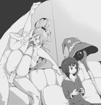 1boy 2girls :d aqua_(konosuba) blush controller couch dress dualshock flying_sweatdrops folded full_nelson game_controller gamepad greyscale hair_ornament hair_rings hat hetero holding holding_controller holding_game_controller indoors kono_subarashii_sekai_ni_shukufuku_wo! long_hair long_sleeves megumin meme monochrome multiple_girls oblivious_woman_in_glasses_playing_video_games_(meme) open_mouth pantyhose parody penis pillow playing_games playstation_controller pussy pussy_juice reverse_suspended_congress sex sex_from_behind short_hair sitting smile sphere_hair_ornament staff stealth_sex thighhighs tyrone uncensored unworn_headwear vaginal witch_hat