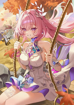 1girl bare_shoulders commentary cyrene_(honkai:_star_rail) cyrene_(ripples_of_past_reverie)_(honkai:_star_rail) diamond-shaped_pupils diamond_(shape) dress earrings feet_out_of_frame hair_between_eyes hair_intakes hair_ornament highres honkai:_star_rail honkai_(series) jewelry large_arm leaf long_hair looking_at_viewer luto on_swing outdoors parted_lips pink_hair pointy_ears purple_eyes sitting smile solo swing symbol-shaped_pupils thighs trailblazer_(honkai:_star_rail) white_dress