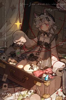 1girl absurdres animal_ear_fluff animal_ears beret black_bow black_bowtie black_hat blue_gem bow bowtie card cleavage_cutout closed_mouth clothing_cutout colored_eyelashes commission dress eyelashes frilled_thigh_strap frills gem grey_hair hair_between_eyes hair_ornament hat highres hourglass indoors long_sleeves looking_at_object makeup medium_hair mihuashi_commission mini_person minigirl mole mole_under_eye original pink_bow pink_eyes poker rouge_(makeup) scissors screentones sitting sleeves_past_fingers sleeves_past_wrists solo star_(symbol) star_hair_ornament stuffed_animal stuffed_cat stuffed_toy sui_jiu_sheng suitcase sunlight thigh_strap wariza watermark