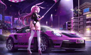 Rule 34 | 1girl, absurdres, animal ears, ass, black jacket, black leotard, boots, breasts, car, check copyright, checkered flag, city, city lights, cityscape, commentary request, commission, copyright request, cropped jacket, drone, flag, full body, high heel boots, high heels, highleg, highleg leotard, highres, holding, holding flag, jacket, kcar66t, lamppost, large breasts, leotard, long hair, looking at viewer, looking back, motor vehicle, multicolored hair, night, original, outdoors, partial commentary, pink hair, porsche, porsche 911, porsche 992, purple eyes, rabbit ears, rabbit tail, short sleeves, skindentation, solo, spoiler (automobile), sports car, standing, streaked hair, tail, thigh boots, thighhighs, white thighhighs