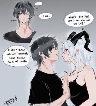 Rule 34 | 1girl, bare shoulders, black dress, black hair, black horns, black shirt, breasts, collarbone, curled horns, dress, earrings, grey hair, hair between eyes, hand up, highres, horns, huge breasts, jewelry, kakesu2396, light blush, long hair, male rover (wuthering waves), multiple views, open mouth, red eyes, rover (wuthering waves), shirt, wuthering waves, yellow eyes, zani (wuthering waves)