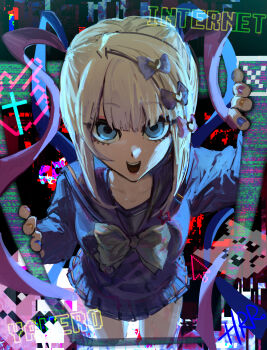 1girl abstract_background absurdres artist_name blonde_hair blue_bow blue_eyes blue_hair blue_serafuku bow chouzetsusaikawa_tenshi-chan collarbone colorful_background cross cursor dark_background emoji glitch hair_bow hair_ornament hand_cursor harari heart heart_hair_ornament highres internet internet_yamero latin_cross long_hair long_sleeves looking_at_viewer multicolored_hair multicolored_nails multiple_hair_bows needy_girl_overdose open_mouth pink_bow pink_hair purple_bow quad_tails sailor_collar school_uniform serafuku shirt signature skirt smile solo through_medium through_screen window_(computing) yellow_bow
