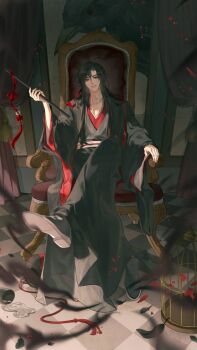 Rule 34 | 1boy, ahoge, animal, aura, bird, birdcage, black bird, black boots, black coat, black eyes, black feathers, black hair, black hanfu, black smoke, blurry, blurry foreground, boots, cage, chair, checkered floor, chenqing flute, chinese clothes, closed mouth, coat, commentary, crossed legs, crow, curtains, dizi, english commentary, falling feathers, falling petals, feathers, flower, flute, flute tassel, full body, grey sash, hair down, hair ribbon, half updo, hand up, hanfu, highres, holding, holding flute, holding instrument, indoors, instrument, long hair, long sleeves, looking at viewer, male focus, modao zushi, official alternate costume, official alternate hairstyle, open clothes, open coat, oversized animal, parted lips, petals, red petals, red ribbon, red sash, ribbon, robe, sash, sitting, sitting on throne, smile, solo, tassel, throne, transverse flute, wei wuxian, wei wuxian (yiling laozu), wide sleeves, ymggklk0810