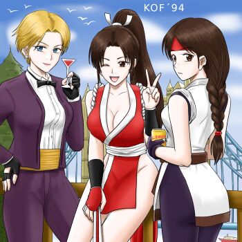 3girls ass blonde_hair blue_eyes braid breasts brown_hair curvy dougi earrings formal_clothes from_behind from_side gokigenyoucyan hairband huge_breasts jewelry karate_gi king_(snk) large_breasts long_hair looking_at_viewer multiple_girls outdoors pale_skin pants shiranui_mai shirt short_hair skirt smile smiley_face standing the_king_of_fighters thick_thighs thighs tuxedo white_shirt wide_hips yuri_sakazaki