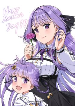Rule 34 | 2girls, black skirt, bow, bowtie, collared shirt, detached sleeves, english text, flower, highres, indie virtual youtuber, long hair, looking at viewer, mother's day, mother and daughter, multiple girls, nanbu shu zhi zhu, open mouth, otsuka ray, pink flower, purple bow, purple bowtie, purple eyes, purple hair, purple nails, reika (otsuka ray), shirt, simple background, skirt, sleeveless, sleeveless shirt, virtual youtuber, white background, white shirt, white sleeves