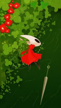 Rule 34 | 1girl, black eyes, cloak, clover, commentary, english commentary, english text, flower, from above, from behind, green theme, green water, hightguy, hollow knight, hollow knight: silksong, hornet (hollow knight), horns, lying, needle (hollow knight), on stomach, partially immersed, partially submerged, plant, red cloak, red flower, red theme, solo, thread, weapon