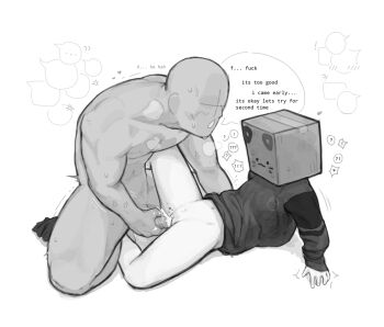 Rule 34 | !?, 1boy, 1girl, ?, anger vein, arm support, audience, blush, bottomless, box, cardboard box, caught, clothing aside, commentary, cuptoast, english commentary, greyscale, heart, heavy breathing, monochrome, noir.empty4, petite, premature ejaculation, pussy, simple background, spoken heart, sweatdrop, trembling, white background, youtube