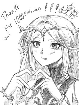 .osari 1girl :p artist_self-insert bare_shoulders cartethyia_(wuthering_waves) collar commentary crown_of_thorns earrings english_commentary four-finger_heart_hands greyscale hair_intakes hands_up heart heart_hands highres jewelry light_blush long_hair looking_at_viewer monochrome multiple_earrings pointy_ears portrait sidelocks simple_background solo tacet_mark_(wuthering_waves) tongue tongue_out white_background wuthering_waves