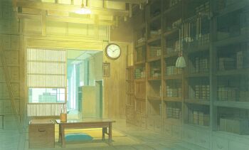 art_brush building ceiling_light clock commentary_request hariken highres indoors ladder no_humans open_door original paintbrush scenery shelf sliding_doors table wall_clock