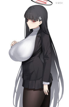 1girl absurdres black_hair black_jacket black_skirt black_suit blue_archive blush breasts brown_pantyhose commentary formal_clothes hair_ornament hairclip halo highres ilsksh jacket large_breasts long_hair long_sleeves looking_at_viewer miniskirt pantyhose pleated_skirt red_eyes rio_(blue_archive) skirt solo suit sweater thighs turtleneck turtleneck_sweater white_sweater