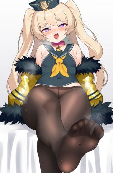 1girl :3 absurdres azur_lane bache_(azur_lane) black_hat black_shirt blonde_hair blush breasts collar commentary covered_erect_nipples covered_navel crossed_legs fang feet foot_focus fur-trimmed_jacket fur_trim half-closed_eyes hat highres igarashi_gozo jacket looking_at_viewer mesugaki neckerchief no_shoes open_clothes open_jacket open_mouth pantyhose pink_collar purple_eyes sailor_hat shirt sitting sleeveless sleeveless_shirt small_breasts smug soles solo sweat toes twintails yellow_jacket yellow_neckerchief