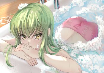 1girl absurdres ass back bathing bathtub bikini blush budgiepon c.c. code_geass commentary covering_own_mouth crossed_arms crossed_bangs day dutch_angle eyelashes eyes_visible_through_hair floating_hair green_hair hair_between_eyes hair_over_shoulder hair_spread_out highres indoors long_hair looking_at_viewer lying on_stomach partially_submerged pink_bikini sidelocks soap_bubbles solo straight_hair swimsuit upturned_eyes very_long_hair water water_stream wet wet_clothes wet_hair wet_swimsuit yellow_eyes