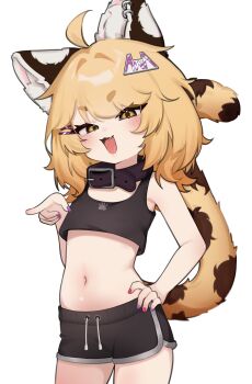 1girl :d ahoge animal_collar animal_ear_fluff animal_ear_piercing animal_ears black_collar black_shorts blonde_hair blush cat_ears cat_girl cat_tail chiimanju collar cowboy_shot drawstring fang flat_chest hair_ornament hand_on_own_hip highres indie_virtual_youtuber kirana_yonome loli medium_hair midriff multicolored_nails navel open_mouth pointing pointing_at_viewer purple_nails red_nails shorts simple_background skin_fang smile solo tail two-tone_nails virtual_youtuber white_background yellow_eyes