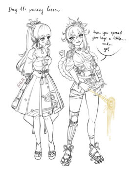 2girls ayaka_(genshin_impact) blush genshin_impact japanese_clothes multiple_girls nullnsfw peeing sketch smile standing white_background yoimiya_(genshin_impact)