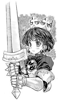 1girl atlus crown earrings female_focus focke_wulf gauntlets gradriel gradriel_de_valendia greyscale huge_weapon jewelry monochrome princess_crown short_hair solo sword weapon