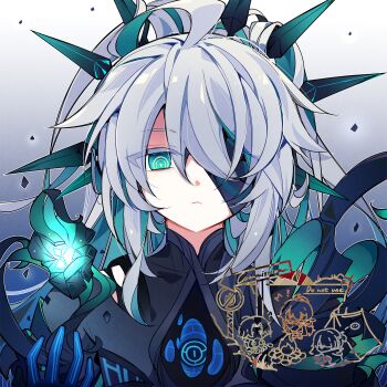 1boy ainchase_ishmael black_coat black_crown closed_mouth coat commission crown elsword grey_hair herrscher_(elsword) high_ponytail highres hole_in_chest hole_on_body homura792 long_hair looking_at_viewer male_focus ponytail solo third_eye_on_chest upper_body very_long_hair