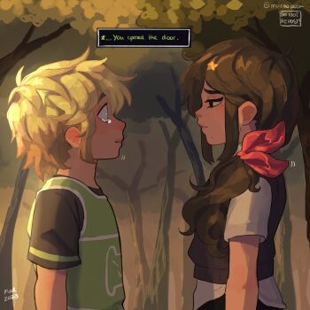 Rule 34 | 1boy, 1girl, 2023, alternate costume, alternate hairstyle, alternate universe, artist name, aubrey (faraway) (omori), aubrey (omori), basil (faraway) (omori), basil (omori), black eyes, black hair, black sweater vest, blonde hair, blue eyes, closed mouth, collared shirt, english text, from side, hair ribbon, highres, left-to-right manga, long hair, looking at another, low ponytail, madnopost, mole, mole under eye, mole under mouth, omori, outdoors, parted lips, pink ribbon, ponytail, ribbon, shirt, short hair, short sleeves, speech bubble, sweater vest, tearing up, tree, white shirt