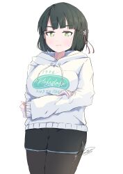 Rule 34 | 1girl, :|, absurdres, black hair, black pantyhose, black shorts, blunt bangs, blunt ends, blush, breasts, closed mouth, dhuno g, drawstring, flower, green eyes, hair flower, hair ornament, hand on own arm, highres, hood, hoodie, large breasts, link! like! love live!, long sleeves, love live!, momose ginko, official alternate costume, pantyhose, pantyhose under shorts, print hoodie, short hair, shorts, sideways glance, signature, simple background, sleeves past wrists, solo, sweatdrop, v-shaped eyebrows, virtual youtuber, white background, white hoodie