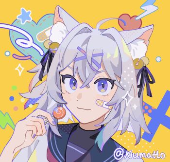 1girl ahoge animal_ear_fluff animal_ears animated animated_gif bandaid bandaid_on_cheek bandaid_on_face bell blinking blue_sailor_collar candy cat_ears cat_girl collared_shirt commentary english_commentary eyelashes filian_(vtuber) fingernails food hair_bell hair_between_eyes hair_intakes hair_ornament hair_ribbon heart highres holding holding_candy holding_food holding_lollipop indie_virtual_youtuber lightning_bolt_symbol lollipop looping_animation nail_polish neck_ribbon numatto portrait purple_eyes purple_nails ribbon rindo_(vrchat) sailor_collar shirt solo sparkle swirl_lollipop virtual_youtuber white_hair white_shirt yellow_background