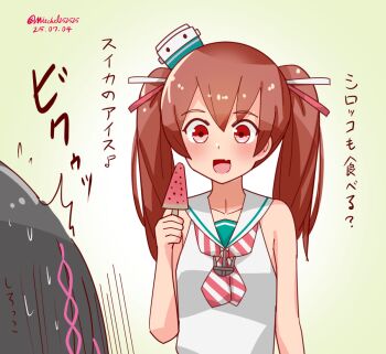 2girls bare_shoulders black_hair brown_eyes brown_hair collarbone commentary_request dark-skinned_female dark_skin dress eighth_note food hair_ornament holding holding_food holding_popsicle kantai_collection libeccio_(kancolle) long_hair mitchell_(dynxcb25) multiple_girls musical_note neckerchief open_mouth popsicle sailor_dress scirocco_(kancolle) short_hair sleeveless sleeveless_dress smile striped_neckerchief surprised translation_request twintails upper_body watermelon_bar white_dress