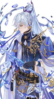 1boy absurdres belt black_belt black_choker black_gloves black_pants blue_coat blue_hanfu blue_ribbon blue_robe brooch chinese_clothes choker closed_mouth clothing_cutout coat coin cowboy_shot fingerless_gloves gem gloves gongzi_xiyu hair_between_eyes hanfu high_ponytail highres holding holding_sword holding_weapon holed_coin hua_yi_shanxin_zhiyue hydrokinesis jewelry long_hair long_sleeves male_focus multiple_belts open_clothes open_coat pants pearl_(gemstone) pelvic_curtain pendant_choker ponytail profile red_eyes ribbon ribbon_earrings robe side_cutout simple_background solo standing sword thigh_belt thigh_strap turtleneck very_long_hair water weapon white_background white_hair white_robe white_sleeves wide_sleeves wo_jia_da_shixiong_naozi_you_keng wrist_ribbon xiao_guan_(headdress) yin_feixing