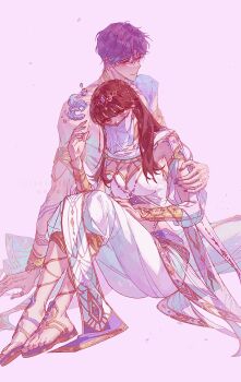 Rule 34 | 1boy, 1girl, arabian clothes, arm around shoulder, armlet, bags under eyes, body markings, breasts, brown eyes, brown hair, chaoxibumian, cleavage, commentary, detached sleeves, gold armlet, gold bracer, gold trim, hair between eyes, harem outfit, highres, jewelry, large breasts, light smile, long hair, love and deepspace, midriff, mouth veil, nail polish, official alternate costume, pants, pink background, protagonist (love and deepspace), purple hair, rafayel (love and deepspace), sandals, see-through clothes, see-through sleeves, shirt, short hair, sitting, symbol-only commentary, veil, water drop, white pants, white shirt