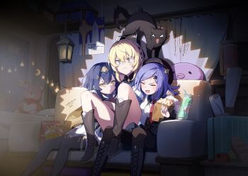 3: 3girls ahoge amber_(stella_sora) arm_around_neck bag black_boots black_cat black_pantyhose black_skirt blonde_hair blue_eyes boots braid breasts brown_boots can cat closed_eyes collared_shirt couch dark double-parted_bangs dress_shirt drink_can food frown game_cg hair_ribbon high-waist_skirt highres indoors iris_(stella_sora) juliet_sleeves long_sleeves medium_breasts miniskirt multiple_girls necktie new_star_guild_(stella_sora) non-web_source noya_(stella_sora) official_art on_couch open_mouth pantyhose paper_bag parted_lips popcorn puffy_sleeves red_necktie revision ribbon ribbon_braid shirt side_braid sitting skirt stella_sora thigh_boots underbust v-shaped_eyebrows white_shirt yellow_eyes