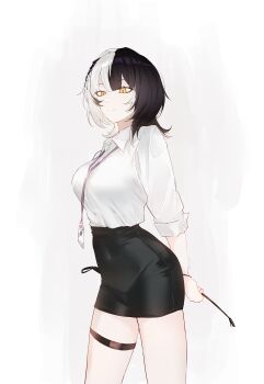 Rule 34 | 1girl, absurdres, alternate costume, arms behind back, black hair, black skirt, breasts, closed mouth, collared shirt, commentary, dress shirt, grey hair, hair ornament, high-waist skirt, highres, holding, holding riding crop, hololive, hololive english, id card, kurochanai, lanyard, large breasts, long hair, looking at viewer, miniskirt, multicolored hair, office lady, pencil skirt, riding crop, shiori novella, shirt, simple background, skirt, sleeves rolled up, smile, solo, split-color hair, taut clothes, taut skirt, thigh strap, twitter username, two-tone hair, virtual youtuber, white background, white shirt, yellow eyes