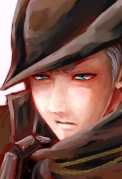 1boy black_gloves black_hat black_scarf bloodborne blue_eyes closed_mouth commentary_request gloves grey_hair hat hunter_(bloodborne) male_focus portrait realistic scarf scarf_pull short_hair simple_background solo suou_yuuchi v-shaped_eyebrows white_background