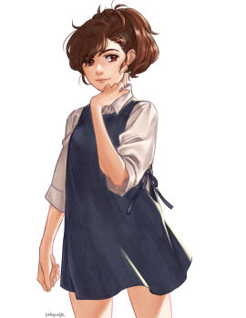 Rule 34 | 1girl, apron, artist name, barista, blue apron, brown hair, hair ornament, hairclip, highres, irene koh, persona, persona 3, persona 3 portable, red eyes, shiomi kotone, shirt, signature, simple background, smile, solo, white background, white shirt