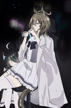 2girls aged_down agnes_tachyon_(umamusume) ahoge animal_ears bow bowtie brown_hair chair closed_mouth coat coat_on_shoulders colored_skin couch cup dot_mouth ear_ornament ear_tag earrings frilled_skirt frills hair_between_eyes hand_on_another's_thigh hand_on_own_wrist highres holding holding_cup holding_test_tube horse_ears horse_girl horse_tail huge_ahoge jewelry lab_coat liquid long_bangs long_hair_between_eyes looking_at_viewer manhattan_cafe_(umamusume) medium_hair multicolored_hair multicolored_skin multiple_girls office_chair on_couch open_clothes open_coat pleated_skirt purple_bow purple_bowtie purple_sailor_collar purple_shirt purple_trim red_eyes s_island sailor_collar school_uniform shirt shirt_tucked_in single_earring sitting skirt smile solo steam swivel_chair tail tea test_tube thighhighs tracen_school_uniform two-tone_skin umamusume white_coat white_hair white_shirt white_skirt white_thighhighs yellow_eyes zettai_ryouiki