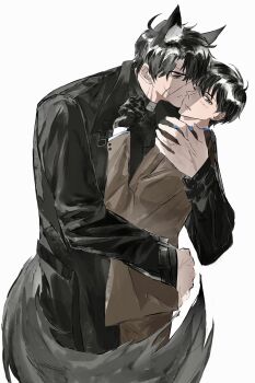 2boys 8d2suga9 animal_ears black_eyes black_gloves black_hair cowboy_shot dog_ears dog_tail flustered furrification furry gloves hand_on_another&#039;s_back hand_on_another&#039;s_shoulder highres hug kim_dokja large_hands looking_at_another looking_at_viewer male_focus multiple_boys multiple_scars omniscient_reader&#039;s_viewpoint scar scar_on_face scar_on_hand short_hair tail yaoi yoo_joonghyuk yoo_joonghyuk_(999th_turn)