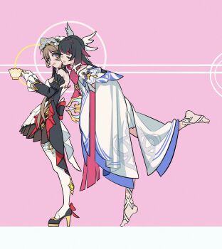 2girls bare_shoulders big_itachi black_collar black_hair black_ribbon black_sleeves blue_eyes blush bonnet breasts brown_hair closed_eyes collar columbina_(genshin_impact) commentary cup detached_collar detached_sleeves dress drinking_glass english_commentary genshin_impact gloves gradient_hair hair_flaps hair_ornament hair_ribbon head_wings headdress heads_together highres holding holding_cup invisible_shoes leaning_forward leg_ribbon leg_up long_hair long_sidelocks long_sleeves multicolored_hair multiple_girls multiple_wings purple_hair purple_streaks ribbon sandrone_(genshin_impact) short_hair_with_long_locks sidelocks smile standing standing_on_one_leg streaked_hair teacup thighhighs two-tone_hair very_long_hair white_dress white_headdress white_ribbon white_wings winding_key wing_hair_ornament wings yuri