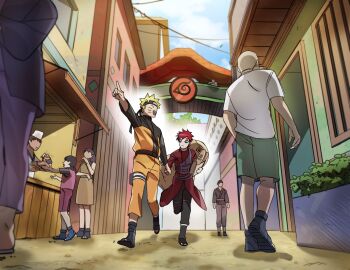 black_hair black_headband black_pantyhose black_shoes black_sleeves blonde_hair bread brown_dress closed_eyes commentary_request crowd dress facial_mark food food_stand full_body gaara_(naruto) gourd green_shorts headband highres holding_bread holding_hands jacket konohagakure_symbol korean_commentary loaf_of_bread looking_at_another male_focus multiple_boys naruto_(series) naruto_shippuuden no_eyebrows okbdko123 open-toe_shoes open_mouth orange_jacket orange_pants outdoors panties pants pantyhose pink_shoes pink_vest pointing pulling_arm purple_panties red_hair red_jacket scar scar_on_face scar_on_forehead shirt shoes short_hair shorts smile t-shirt underwear uzumaki_naruto vest walking whisker_markings white_shirt