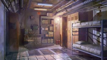 arsenixc artist_collaboration bed bunk_bed chair commentary crt everlasting_summer fire_extinguisher fluorescent_lamp gas_mask highres indoors locker mask microphone no_humans office_chair original pillow reflective_floor scenery swivel_chair television tile_floor tiles vvcephei