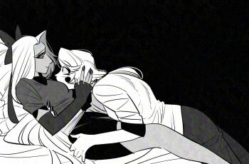 Rule 34 | 2girls, bow, breasts, charlie morningstar, commentary, elbow gloves, fingerless gloves, gaugau7696, gloves, greyscale, hair bow, hashtag-only commentary, hazbin hotel, hellaverse, highres, long hair, monochrome, multiple girls, vaggie, yuri