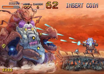 apron blue_hair blue_kimono commentary cosmic_slicer_zer&#039;oll dragon_girl dragon_horns dragon_tail duel_monster english_commentary fake_screenshot hatano_kiyoshi highres horns japanese_clothes kimono laundry_dragonmaid maid maid_apron metal_slug parody slugnoid tail wa_maid yu-gi-oh!