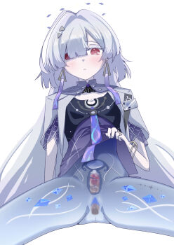 Rule 34 | 1girl, :o, absurdres, albino, arm at side, beef stroganof, blue pussy, bottomless, bracelet, breasts, censored, clothes lift, colored eyelashes, colored pussy, commentary request, cowboy shot, crystal shards, cum, cum in pussy, deep penetration, disembodied penis, earrings, ejaculation, emotionless sex, expressionless, gluteal fold, gold bracelet, gold ring, gradient clothes, gradient shirt, hair intakes, hair ornament, hair over one eye, halo, hetero, highres, id card, internal cumshot, jacket, jellyfish cut, jewelry, large variant set, leg tattoo, lifting own clothes, light blush, long hair, looking at viewer, missionary, mornye (wuthering waves), mosaic censoring, open clothes, open jacket, pale skin, parted lips, partial commentary, penis, purple shirt, pussy, red eyes, ring, see-through body, sex, shirt, shirt lift, short-sleeved jacket, short sleeves, simple background, sitting, small breasts, solo focus, spread legs, tacet mark (wuthering waves), tattoo, thighs, triangle earrings, triangle hair ornament, uterus, vaginal, variant set, very long hair, white background, white eyelashes, white hair, white jacket, wuthering waves, x-ray