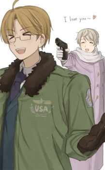 Rule 34 | > <, 2boys, ahoge, aiming, america (hetalia), axis powers hetalia, black-framed eyewear, blonde hair, blue jacket, blush, brown gloves, buttons, closed eyes, clothes writing, coat, collared shirt, commentary request, emblem, english text, fur-trimmed jacket, fur trim, glasses, gloves, green jacket, grey hair, gun, hand up, handgun, heart, highres, holding, holding gun, holding weapon, jacket, lapels, long sleeves, male focus, multiple boys, necktie, official alternate costume, open clothes, open jacket, open mouth, puffy long sleeves, puffy sleeves, purple coat, purple necktie, russia (hetalia), scarf, semi-rimless eyewear, shirt, short hair, simple background, smile, standing, teeth, upper body, weapon, white background, white gloves, white scarf, white shirt, ymgr64
