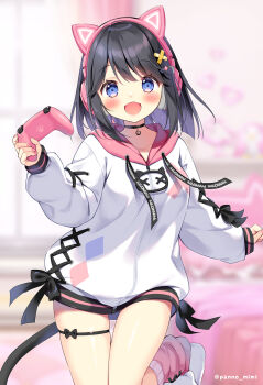 1girl :d animal_ear_headphones animal_ears bed black_hair blue_eyes blurry blurry_background blush collarbone commentary_request controller curtains day depth_of_field drawstring fake_animal_ears feet_out_of_frame game_controller hair_between_eyes headphones holding holding_controller holding_game_controller hood hood_down hooded_jacket indoors jacket looking_at_viewer loose_socks oniichan_continue! open_mouth pan_(mimi) pink_socks shirayuki_yuuri skindentation smile socks solo standing standing_on_one_leg sunlight thigh_gap twitter_username white_jacket window