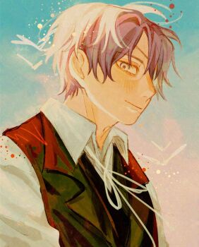 Rule 34 | black vest, blue background, closed mouth, collared shirt, commentary, daan (fear &amp; hunger), english commentary, fear &amp; hunger (series), fear &amp; hunger 2: termina, highres, looking at viewer, nakirihaizaki, neck ribbon, purple hair, ribbon, shirt, short hair, solo, upper body, vest, white ribbon, white shirt